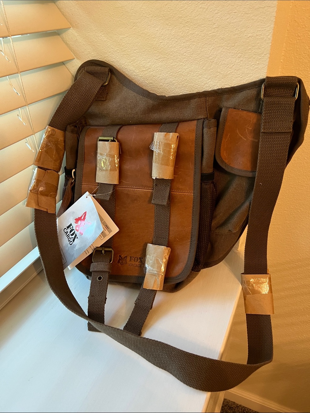 Fox Cargo Cargo Messenger Bag with Brown Leather Trim